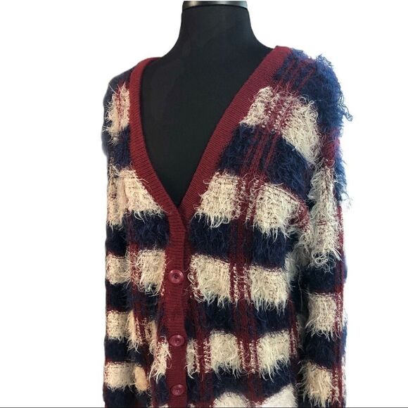JOA Los Angeles Checked Feather Yarn Cardigan Sz L - Picture 2 of 13